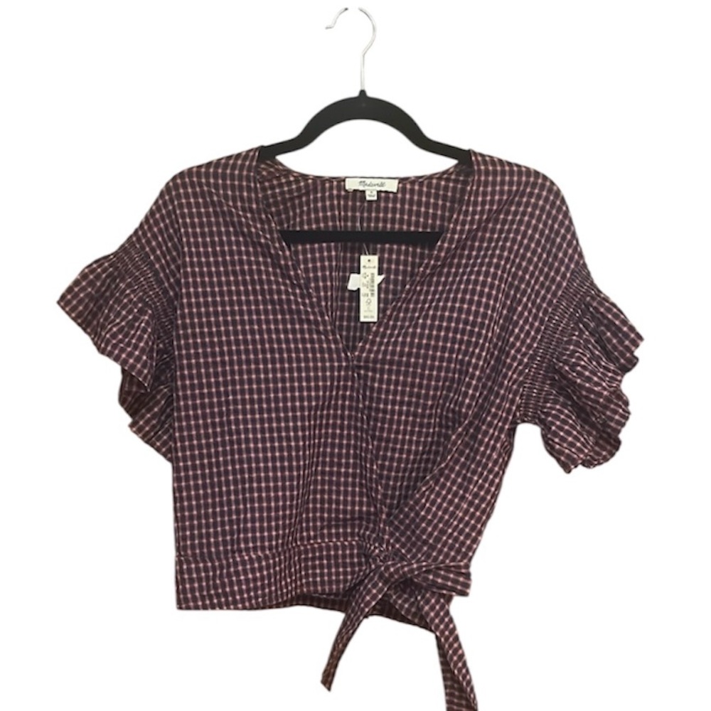 NWT Madewell Blue and Burgundy Crop Blouse with Tie Front